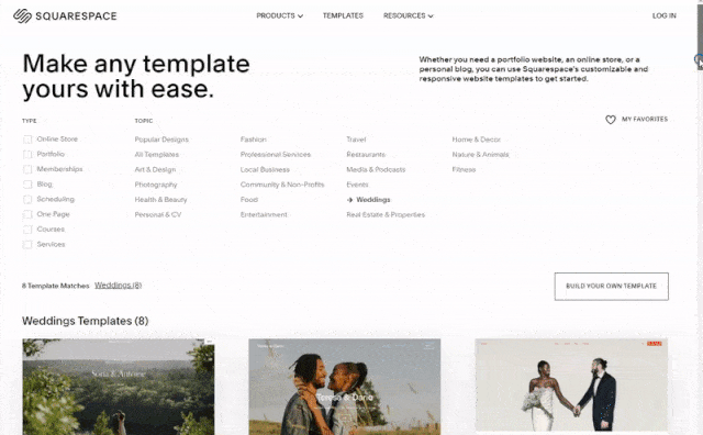 Scrolling through Squarespace's wedding website templates.