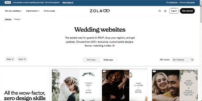 Scrolling through Zola's one-page wedding website templates.