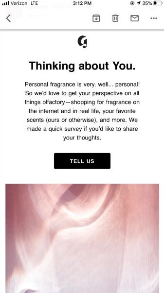 A screenshot of a Glossier survey email sent to a customer after a purchase.