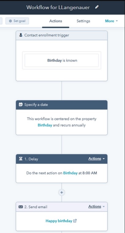 An example of how to create automated birthday email salutations using HubSpot CRM's workflow editor.