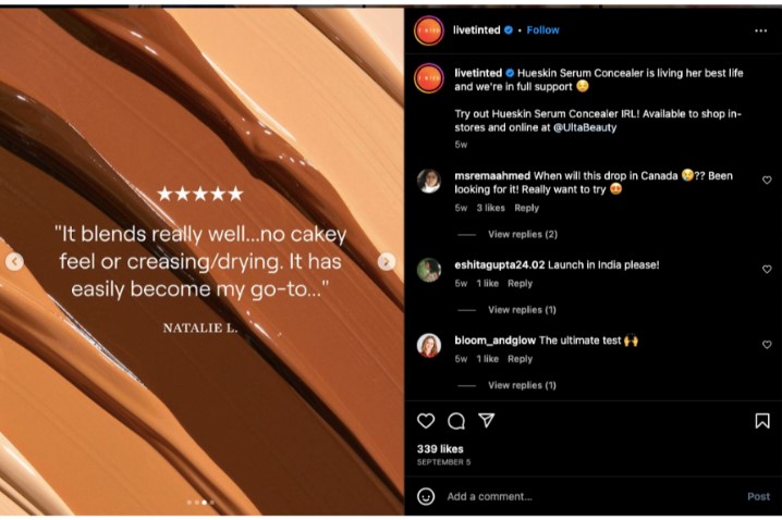 Instagram post by a brand highlighting customer reviews