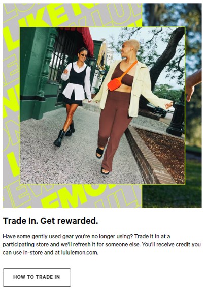 A screenshot of LuLuLemon's website advertising its trade-in program with an image of two models and a short explanation of how the program works.