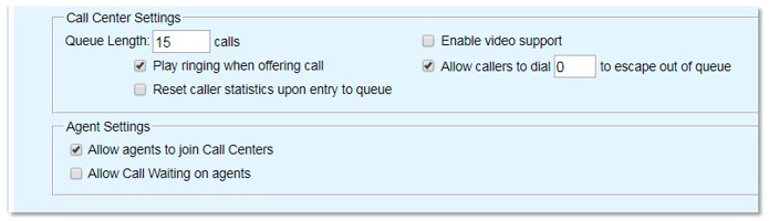 Nextiva interface showing the call center settings with 15 calls specified for queue length and allowing callers to dial 0 to escape out of the queue