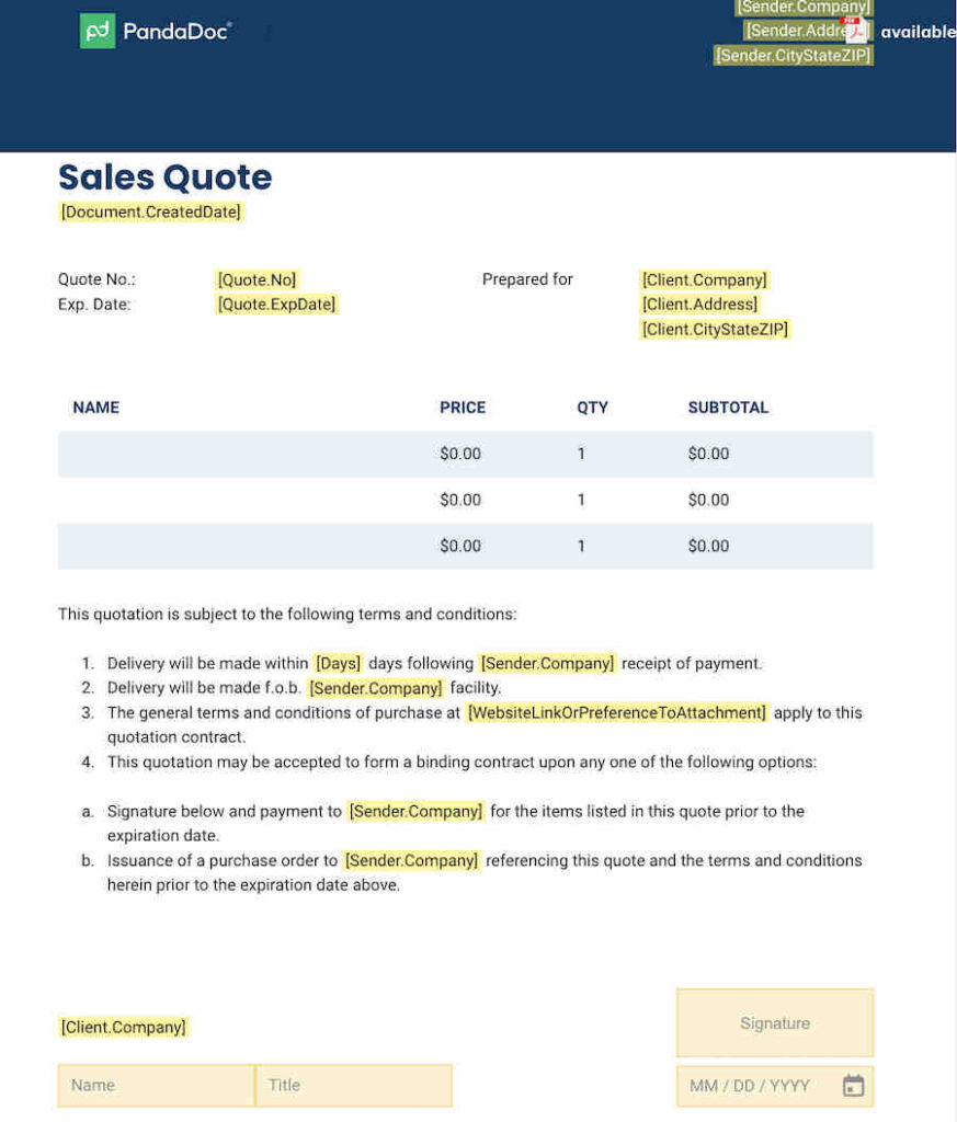 PandaDoc's customizable sales quote template with product details, pricing, and terms and conditions.