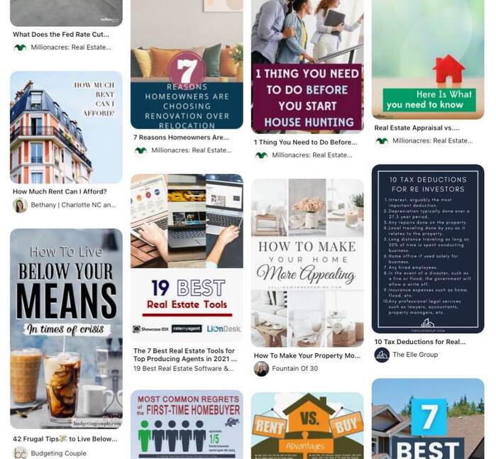 Example real estate Pinterest board with a variety of content