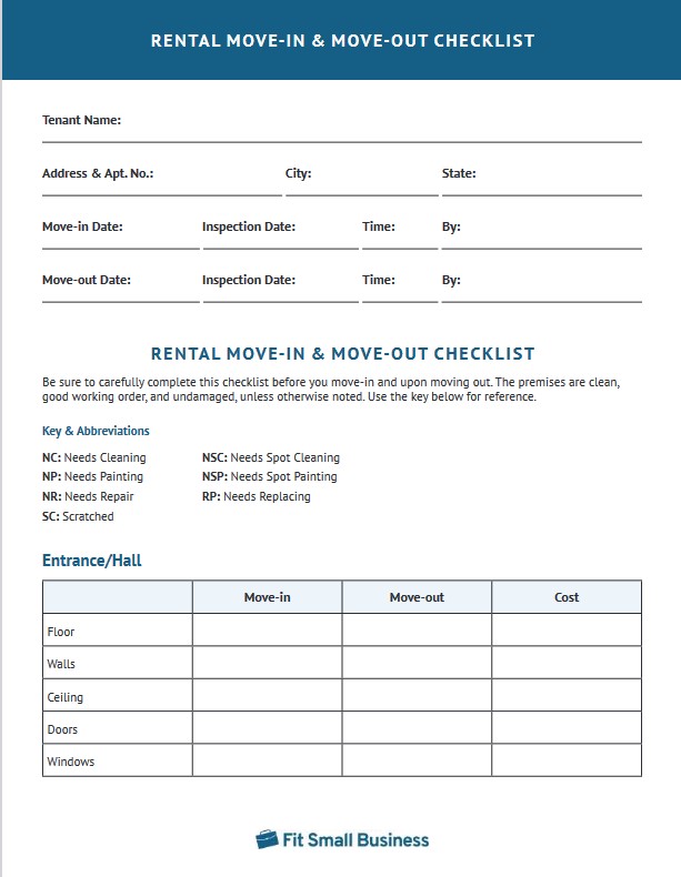 Screenshot of a sample move-in and move-out checklist.