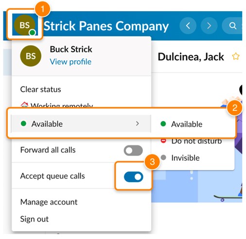 RingCentral interface showing user presence and the accept queue calls status