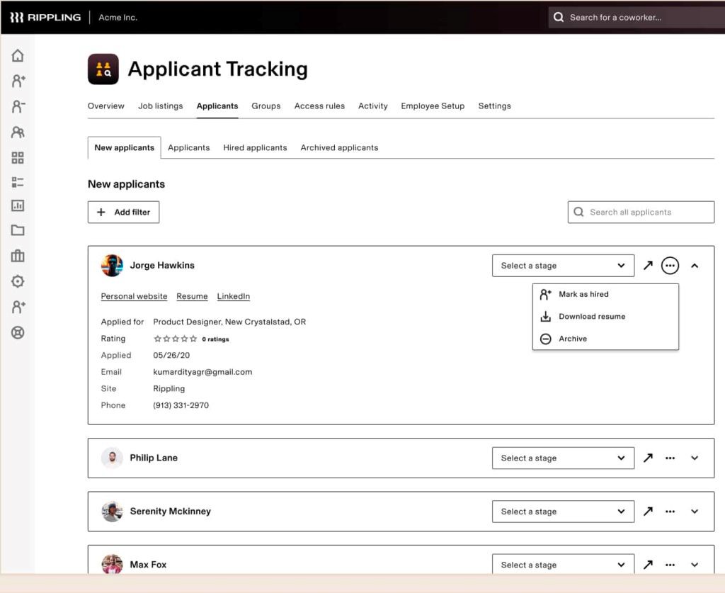 Screenshot of applicant tracking in Rippling