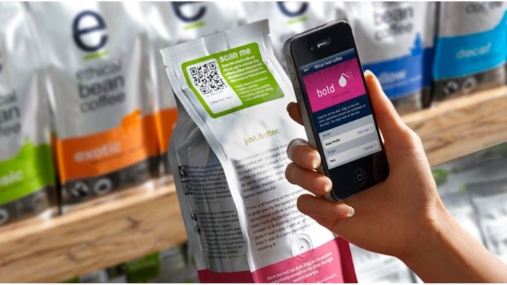 Product label on a coffee product with a QR code leading to more product information