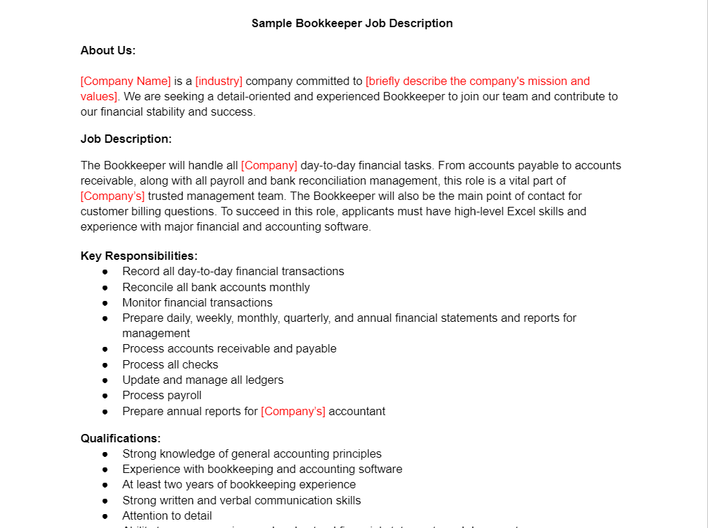 Sample Bookkeeper Job Description