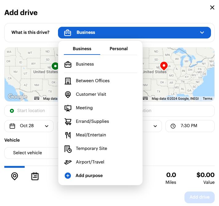 Screen where you can manually add a drive in MileIQ