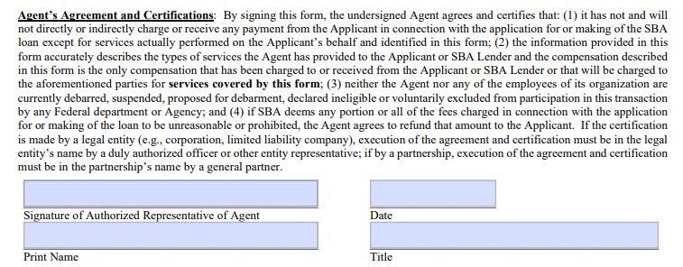 A screenshot of the Agent signature section of SBA Form 159