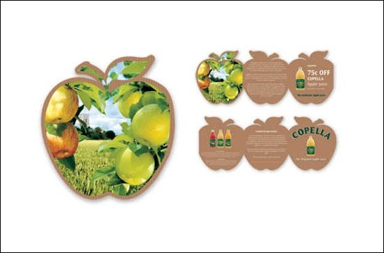 Die-cut brochure in the shape of an apple for a juice brand.