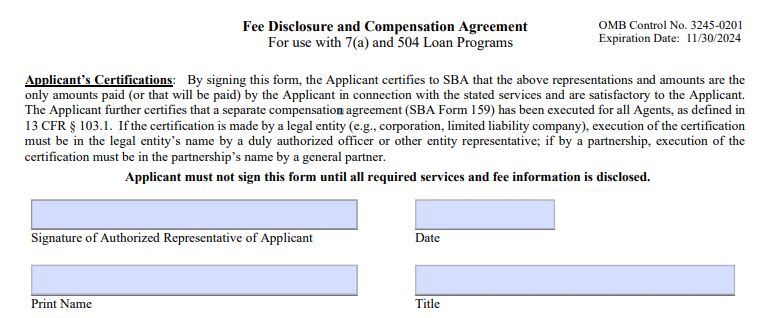 A screenshot of the Applicant signature section of SBA Form 159