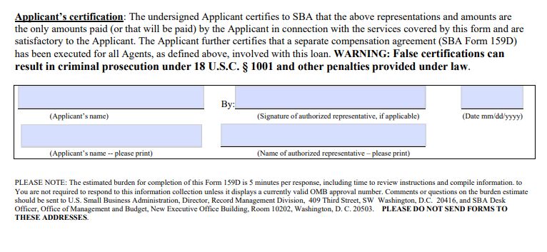 A screenshot of the Applicant signature section of SBA Form 159D.