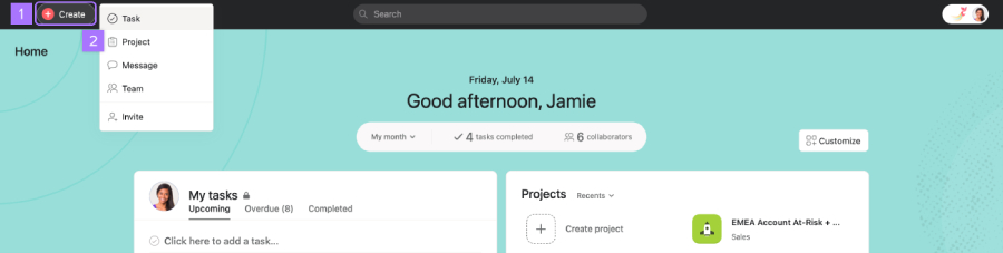 Interface for creating an Asana project