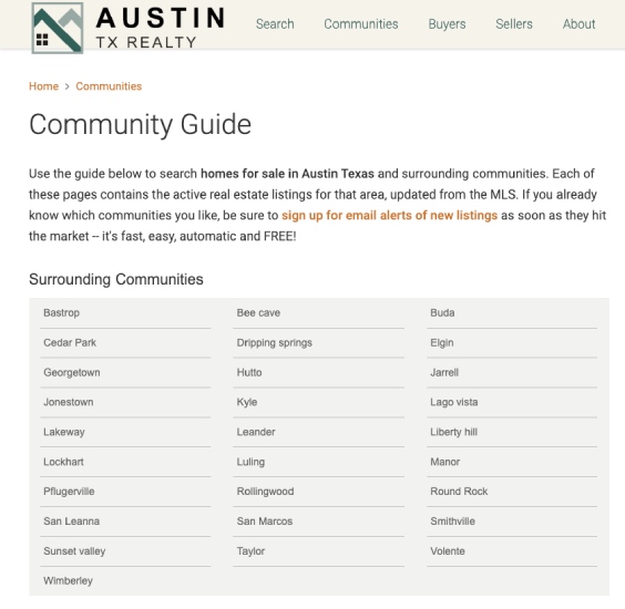 Austin TX Realty communities menu.