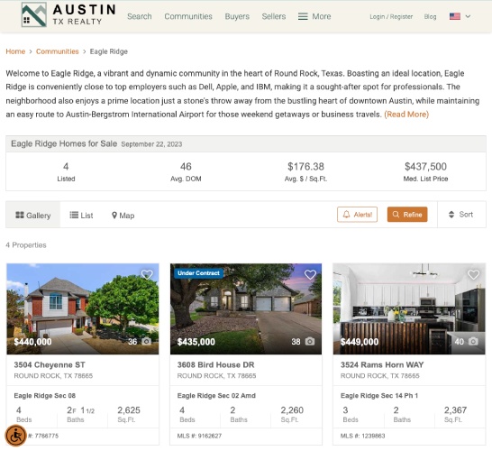 Austin TX Realty example community page on Eagle Ridge.