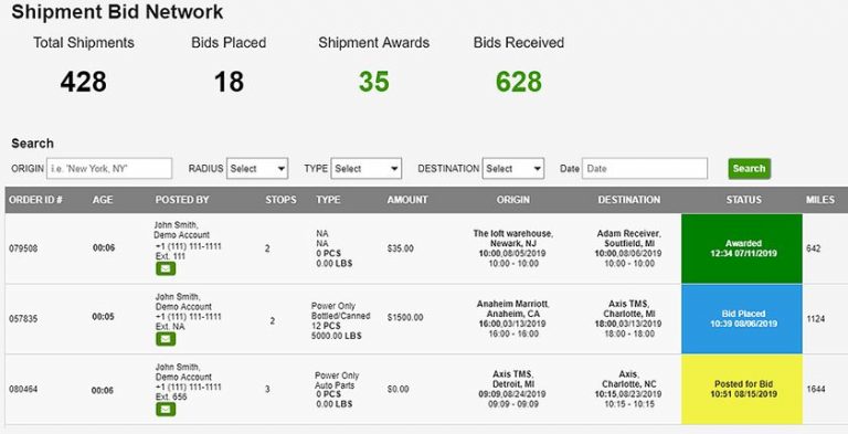 Screenshot Axis TMS shipment bid network