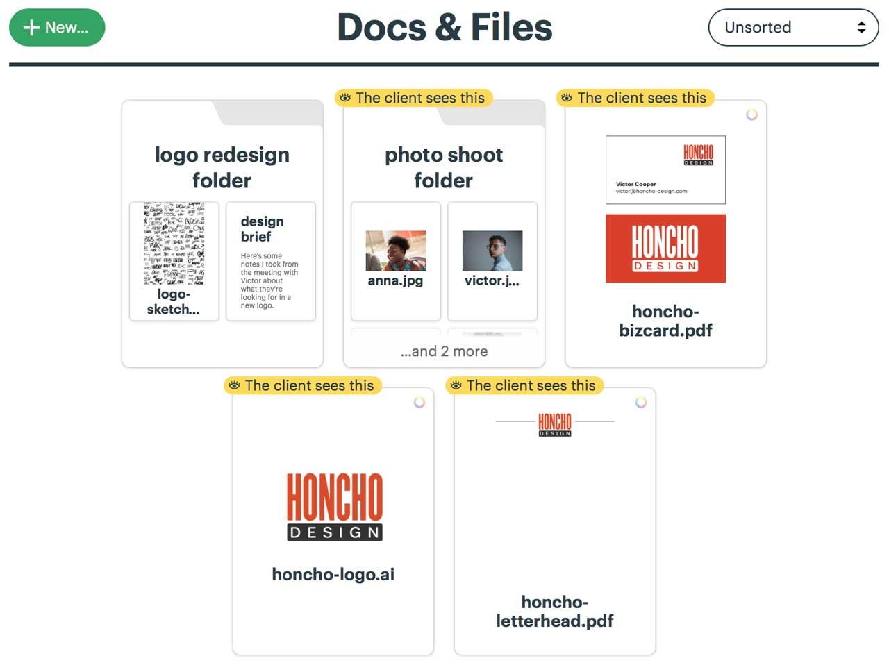 Basecamp Docs & Files screen with project folders viewed by client.