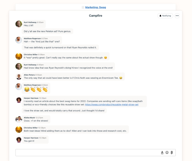 Basecamp interface showing a thread of instant messages on its chat feature Campfire