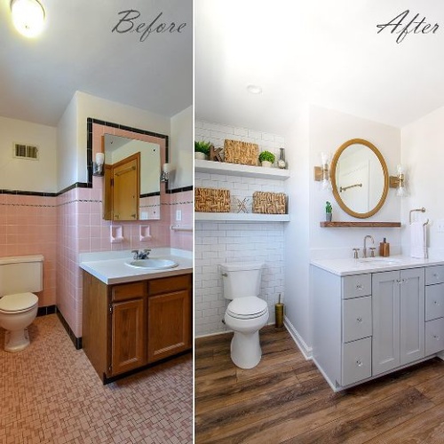 Bathroom before and after home renovation.