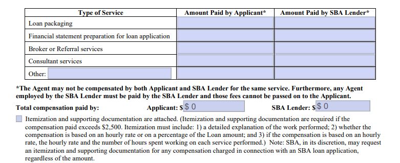 A screenshot of the bottom half of SBA Form 159.