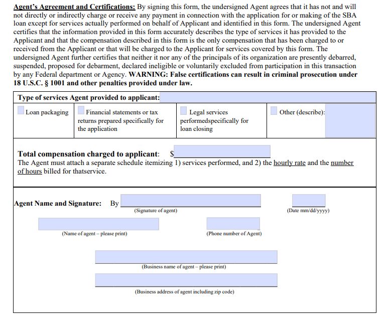 A screenshot of Bottom half of SBA Form 159D for SBA disaster loans