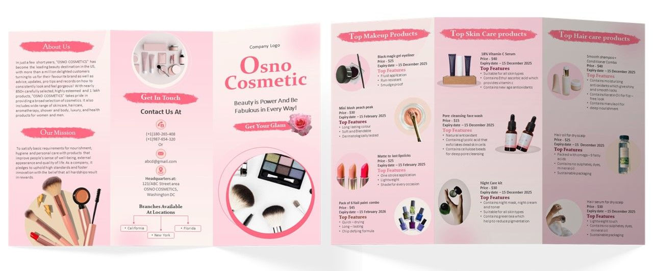 Brochure for a beauty brand product catalog.
