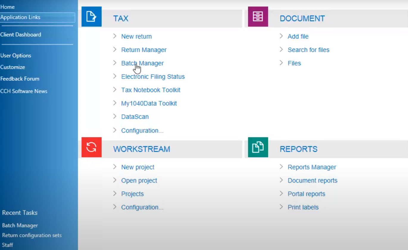Screenshot of CCH Axcess Tax's Dashboard.