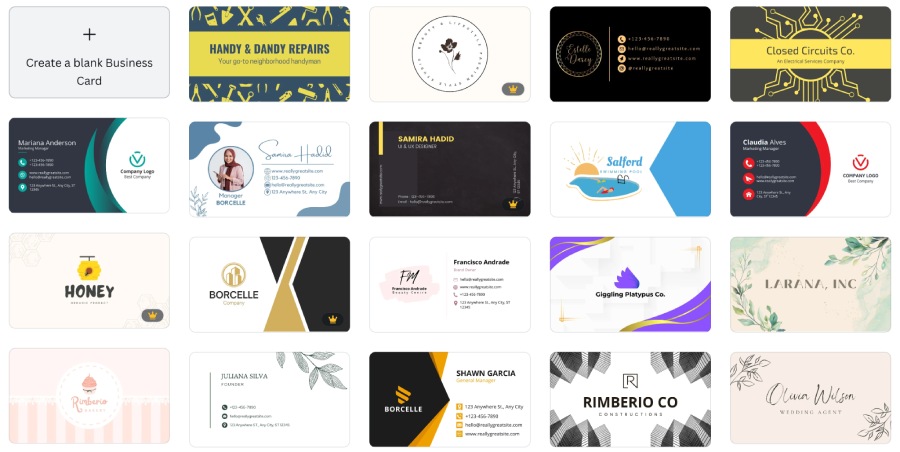 An array of customizable Canva business card templates.