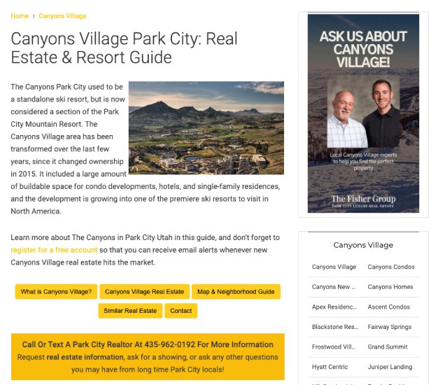 Sample real estate area page for Canyons Village Park City.