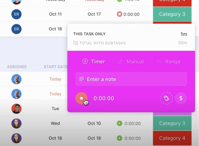 A screenshot of how to start a timer within a task using ClickUp's time tracking feature.