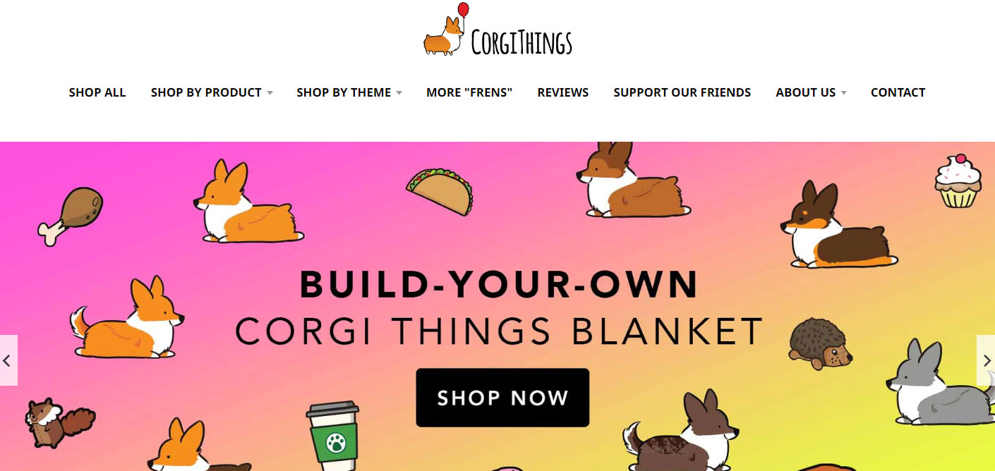 A screenshot of the CorgiThings website showing banner that advertises a build-your-own blanket.