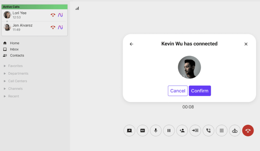 A desktop screenshot of Dialpad app with three-conferencing call enabled.