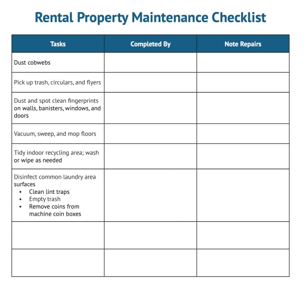 Sample rental property maintenance checklist from Fit Small Business.