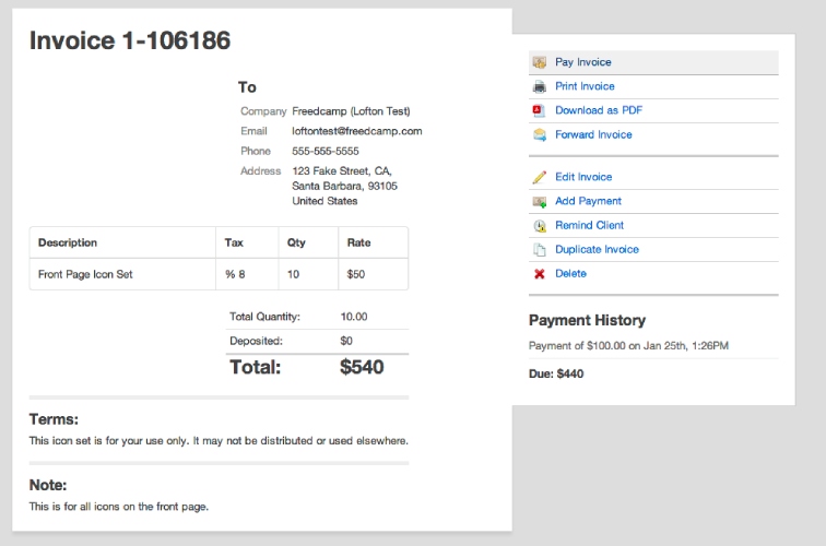 A screenshot of Freedcamp's invoicing customization options.