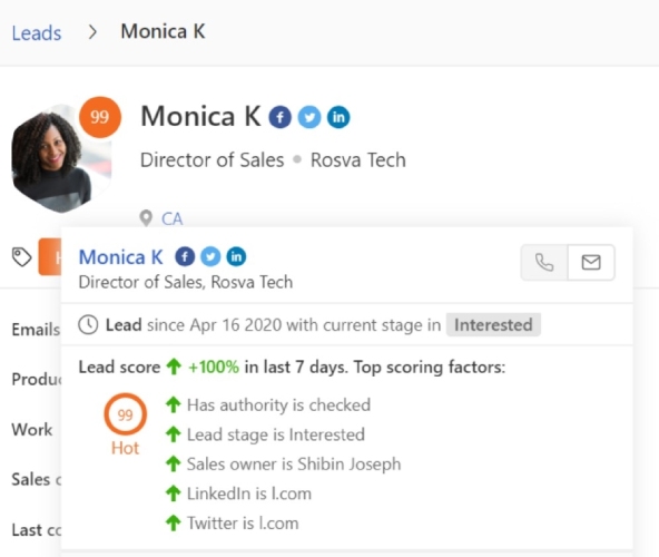 An example of a Freshsales lead with score.