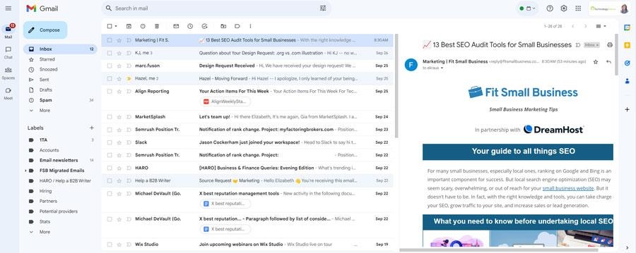 Screenshot of the Gmail business email interface