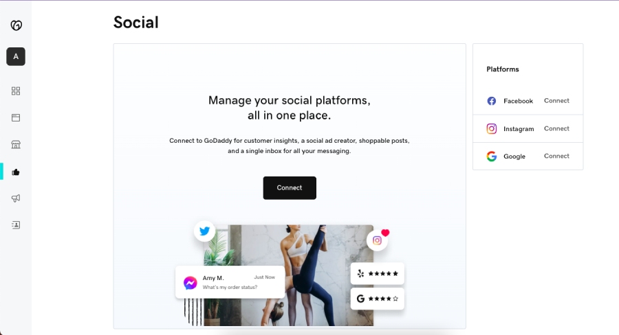 Interface for connecting social accounts on GoDaddy.
