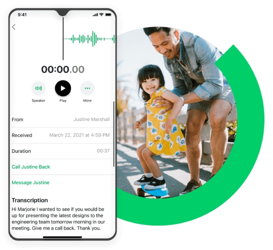 A phone showing an audio recording with transcription on top of an image of a parent with a child.