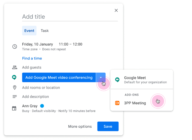 Google's Calendar interface with pop up option for adding a Google Meet link.