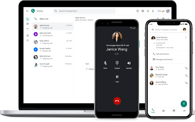 Google Voice interface on three devices—Macbook, Android phone, and an iPhone.