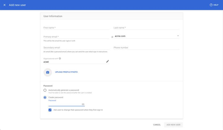 Screenshot of how to set up a Gmail user in Google Workspace.