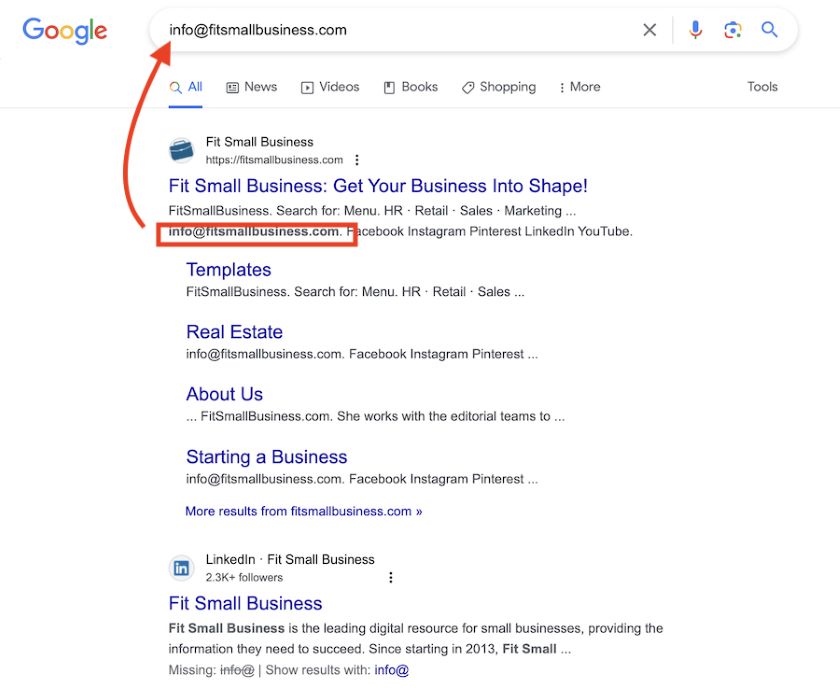 An example of a Google search to check email addres owner information.