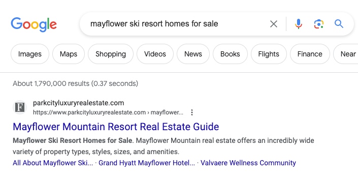 Google search result on Real estate community page.