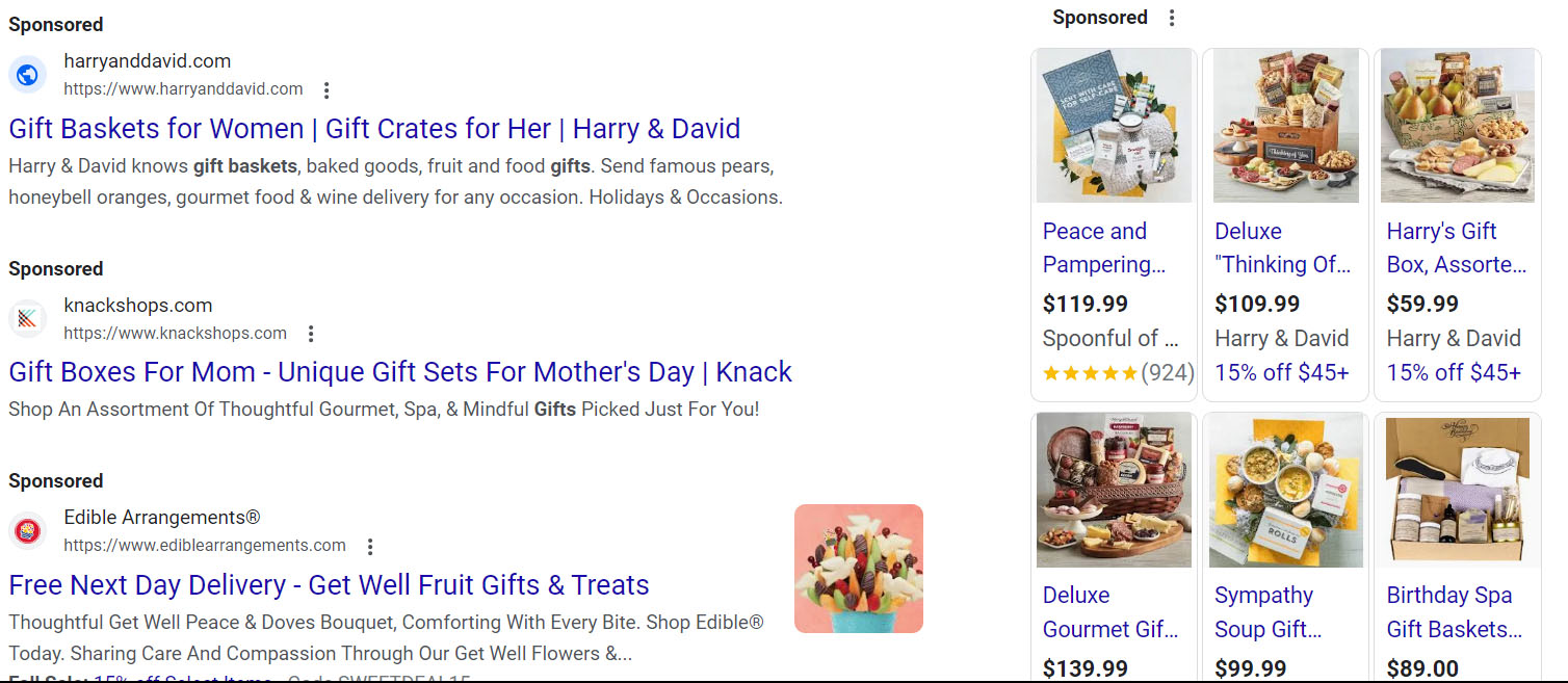 A screenshot showing the top of a Google search results page with 9 ads for gift baskets.