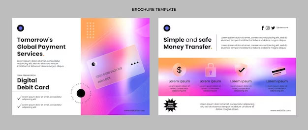 Brochure template for a debit card using gradient colors to highlight key information.