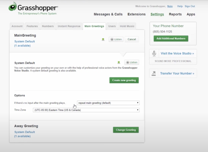 Grasshopper's Main Greeting setting page.