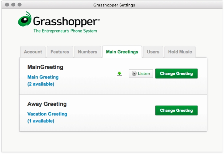 Grasshopper account settings for main greetings.